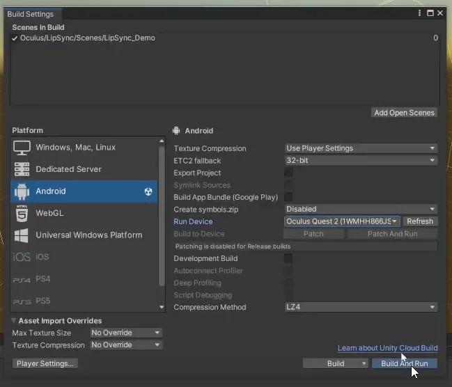 build settings window to configure build parameters, choose android to compile for oculus quest in unity