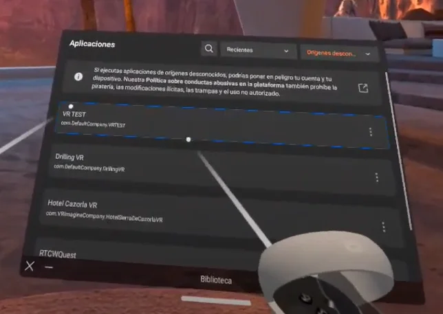 Aplicación de realidad virtual para Oculus Quest 2 compilada con Unity.