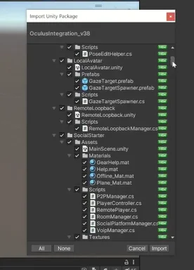 import of the oculus sdk package for unity, with useful assets for the development of games and applications for oculus quest.