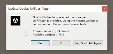 Message displayed when importing the Oculus SDK package in Unity