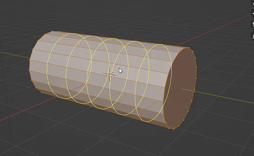 Modelo 3D de un cilindro en el modo edición de Blender al que se le agregan varios bucles de aristas