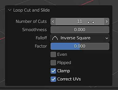 blender section and loop cut parameters window