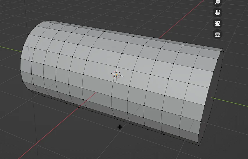 3d model of a cylinder with subdivisions in blender, with one of its edge loops removed.