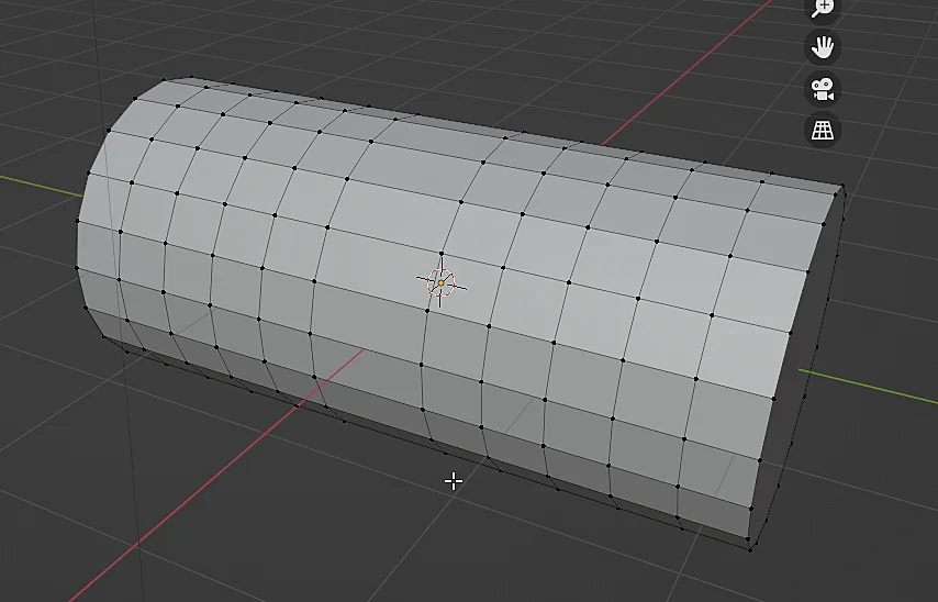 modelo 3d de un cilindro con subdivisiones en blender al que se le ha eliminado uno de sus bucles de aristas