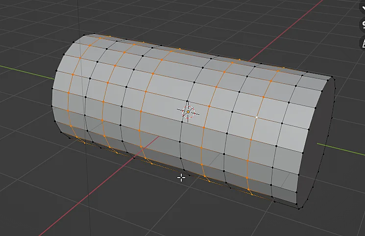 modelo 3d de un cilindro con subdivisiones en blender al que se le han seleccionado varios bucles de aristas