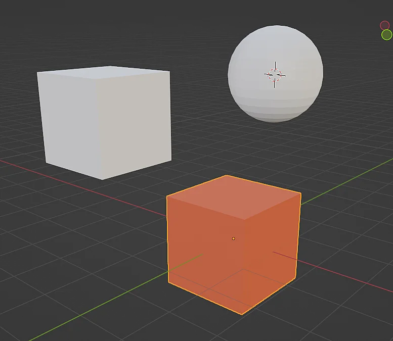 drei Objekte in Blender, zwei Würfel und eine Kugel, einem von ihnen ist eine orange Farbe zugewiesen, das Ziel ist es, die gleiche Instanz dieses Materials auf die anderen Objekte anzuwenden.