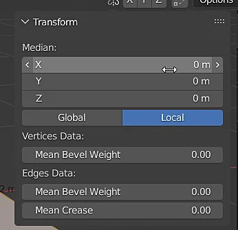 window of transformation of an object in blender where you can see the lengths expressed in meters