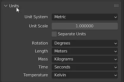 sección unidades en Blender que permite elegir entre el sistema métrico y el imperial y las unidades