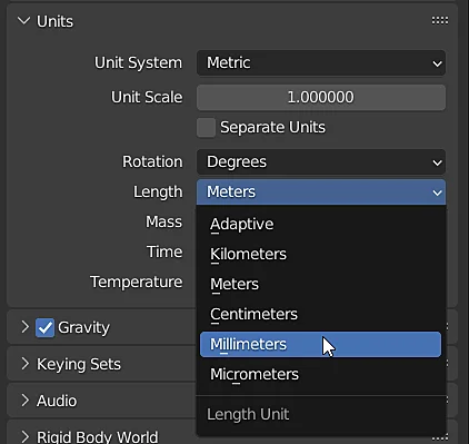 sección unidades en Blender que permite elegir entre el sistema métrico y el imperial y las unidades