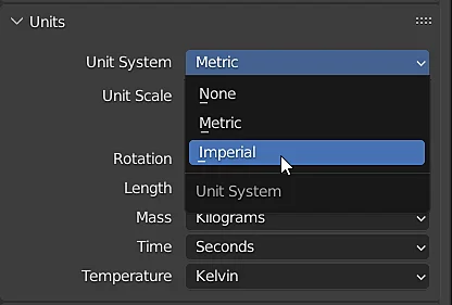 units section in Blender that allows you to choose between the metric and imperial system and units.