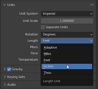 units section in Blender that allows you to choose between the metric and imperial system and units.