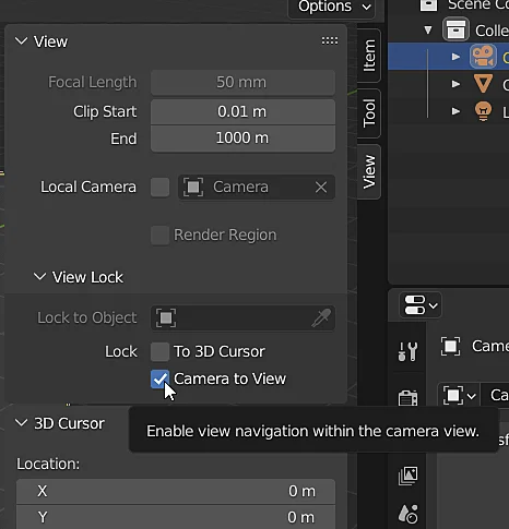 Option to lock the camera to the 3D view in blender