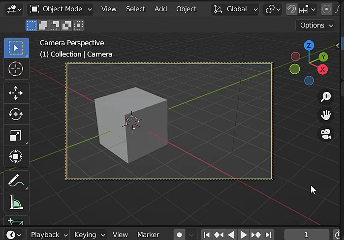 blender viewport window with selected object not centered on the rendering camera, camera is locked to the 3d viewport