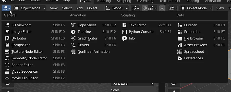 button to change the content displayed by a window in blender