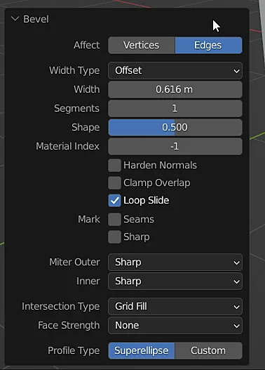 bevel options window of a 3d model in blender