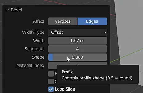 ventana de opciones de biselado de un modelo 3d en blender