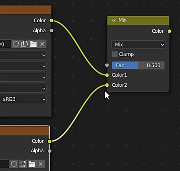 connection of two image nodes to a rgb mix node to combine textures in Blender