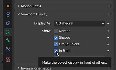 option to display animation bones in front of objects in Blender