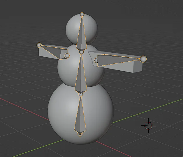 3d model of a snowman in Blender with armature visible on top of the 3d model