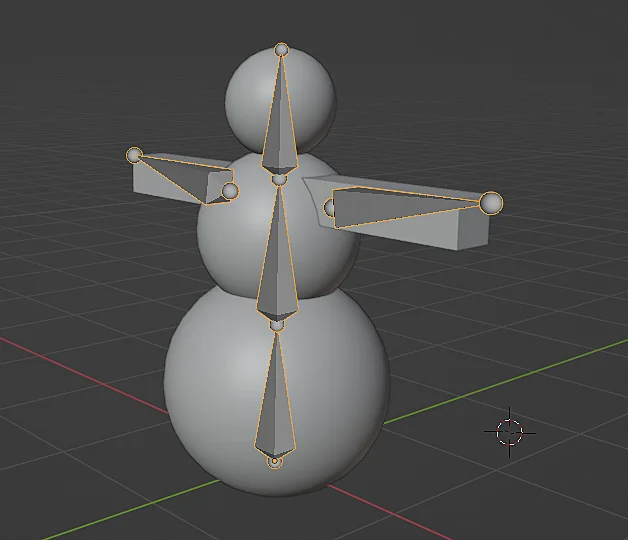 3d-Modell eines Schneemanns in Blender mit sichtbarer Armatur über dem 3d-Modell