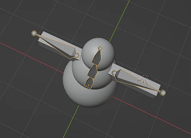 3d model of a snowman in Blender with armature visible on top of the 3d model