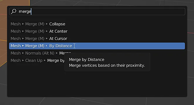 opcion merge by distance en blender que permite eliminar los vértices duplicados