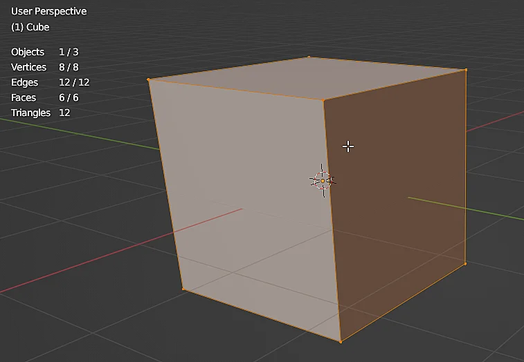 modelo 3d de un cubo en blender con ventana de información sobre su geometría