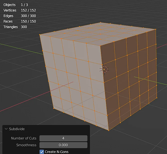 cubo subdividido con cuatro cortes en blender