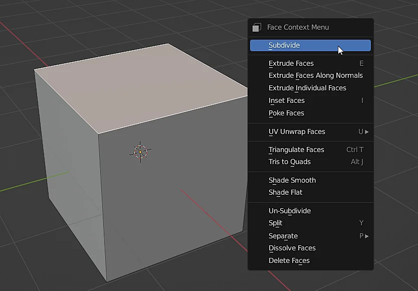 cube with a selected face to which subdivision will be applied in blender
