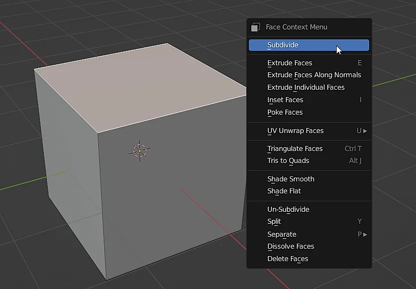 cubo con una cara seleccionada a la que se aplicará subdivisión en blender