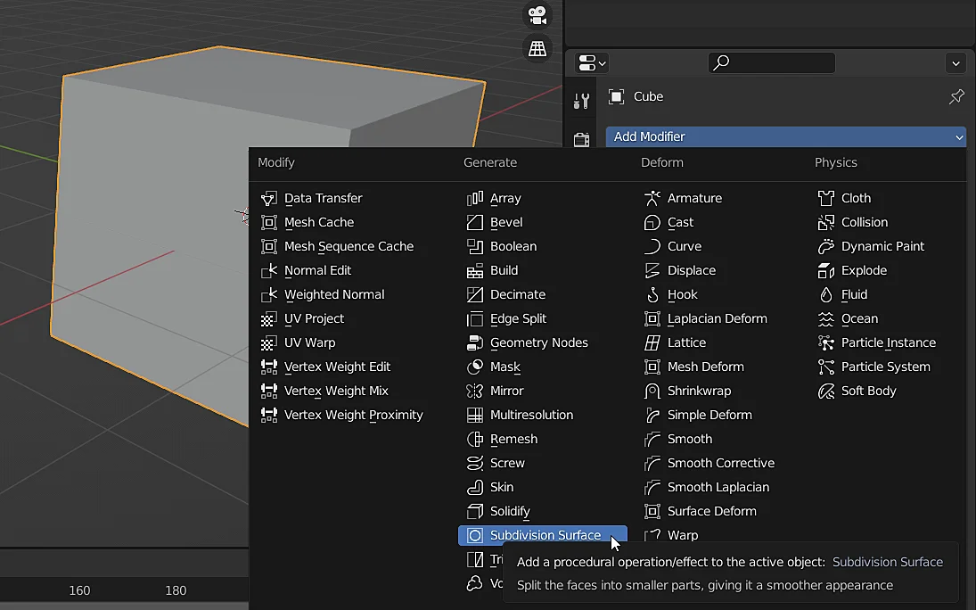 modifier selection window in Blender, subdivision surface modifier