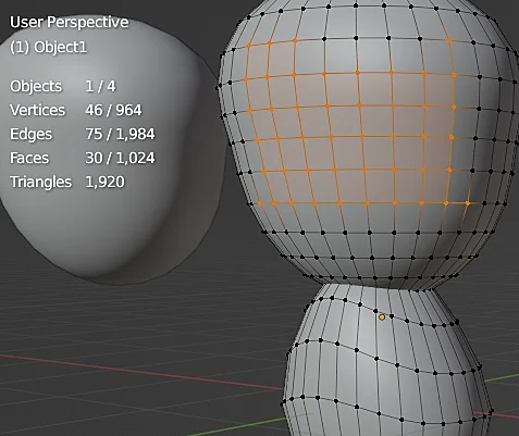 modelo 3D con vértices seleccionados y ventana de información que muestra la cantidad de polígonos