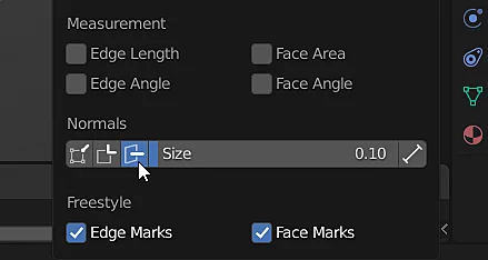 Opción para mostrar las normales en el centro de las caras de un modelo 3D en Blender.