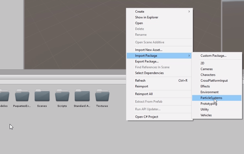 programa unity3d menu para importar paquetes de la libreria standard assets.