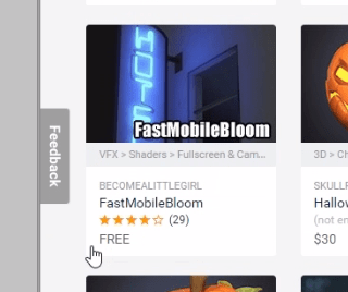 miniatura del paquete fastmobilebloom de la tienda asset store de unity3d. se observa una ventana y un cartel de neón azul que dice hotel.