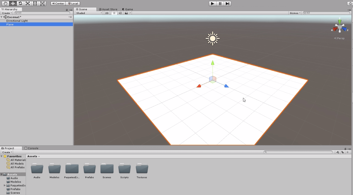 programa unity 3d se observa una escena con un plano.