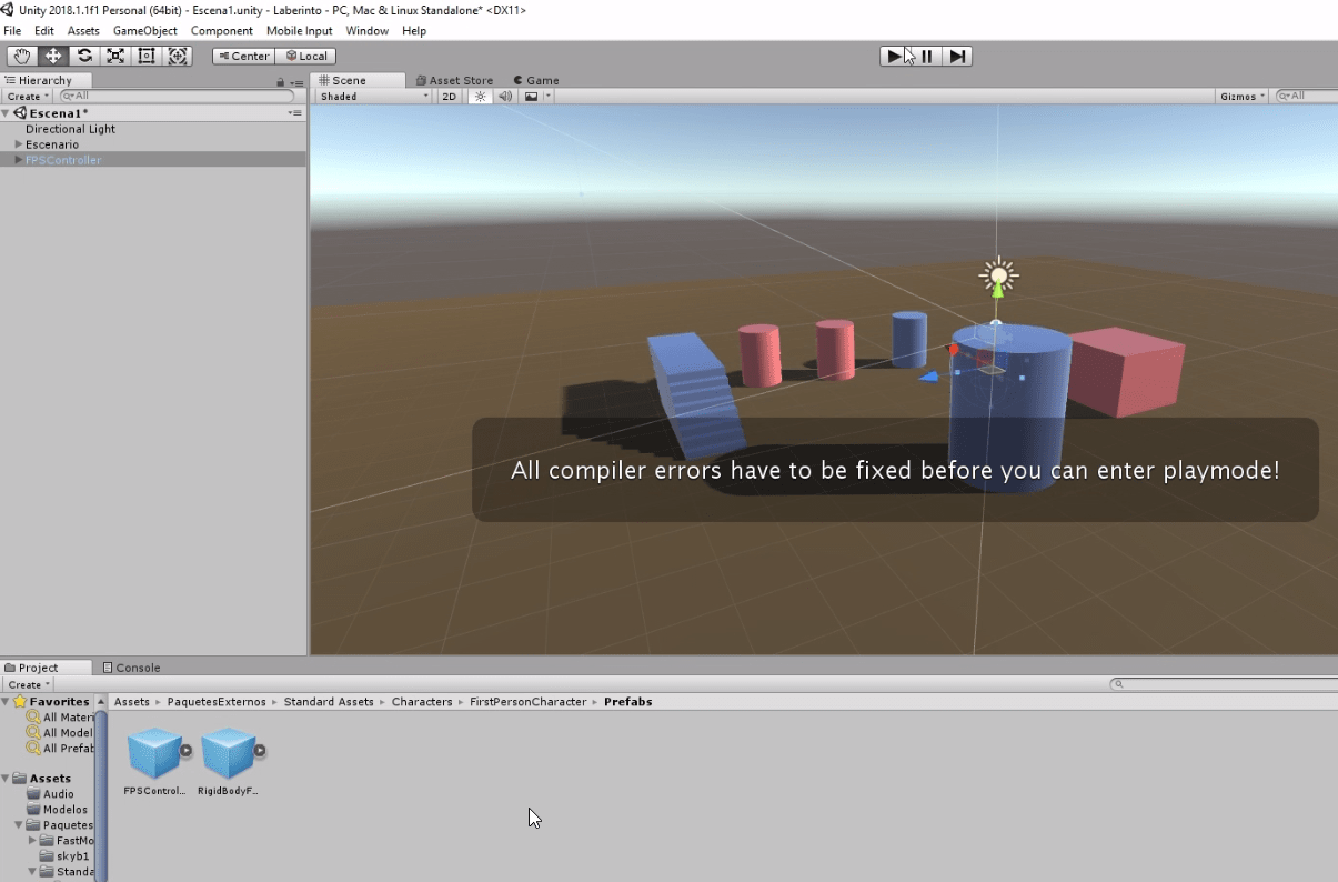 programa unity3d. se observa una escena con suelo marrón, una escalera azul, dos cilindros rojos y dos cilindros azules. En el centro un cartel que dice: "All compiler errors have to be fixed before you can enter playmode".