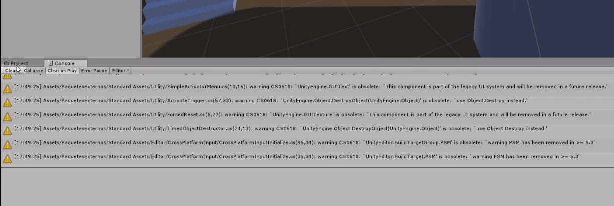 programa unity3d, consola de unity mostrando advertencias en amarillo.