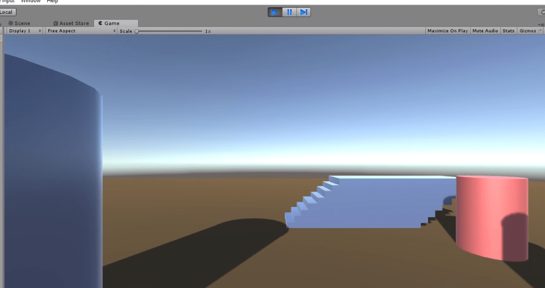 programa unity3d, modo juego, prueba de una escena en la que se ve el suelo marrón, cielo celeste, una escalera azul, un cilindro azul y un cilindro rojo.