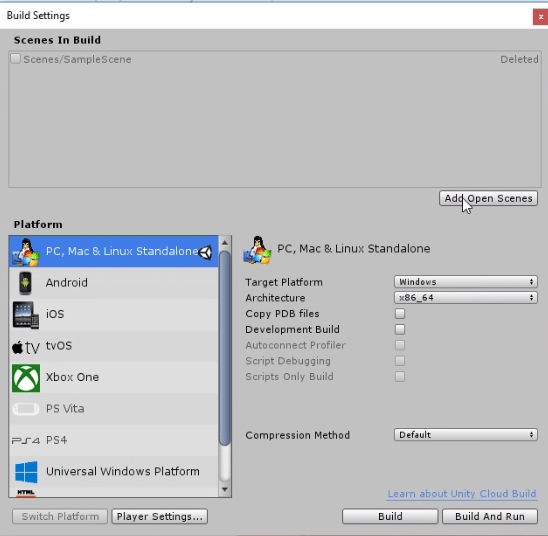 programa unity3d, ventana build settings. no hay ninguna escena agregada a la compilación.