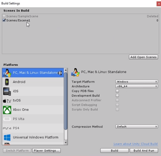 programa unity3d, ventana build settings. hay unaescena agregada a la compilación.
