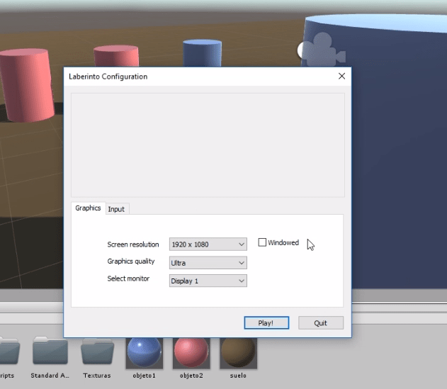 ejecución de una versión standalone de un proyecto en unity. ventana para seleccionar resolución y calidad.