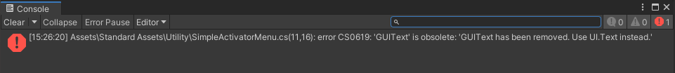 error GUIText is obsolete en la consola de unity, doble clic para abrir el script con error