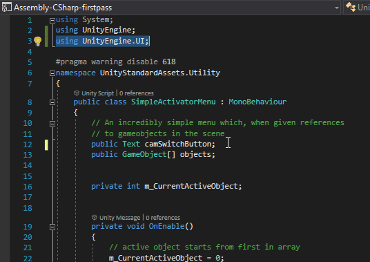 implementación del namespace UnityEngine.UI y reemplazo del componente GUIText por el componente Text