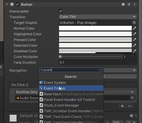 adding event trigger component to a button to play sounds on mouse hover in unity