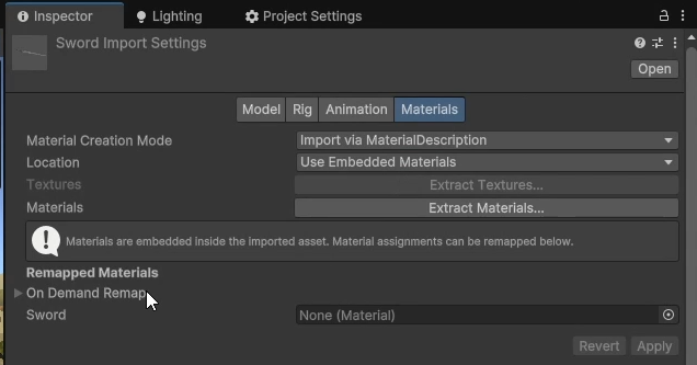 material section of a 3d model to remap the materials in Unity