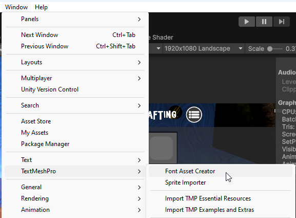 how to open the font asset creator in Unity that allows you to apply a custom font to text mesh pro texts