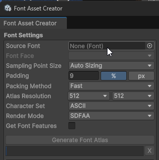 font asset creator window where you can drag a custom font to convert it into a file compatible with text mesh pro