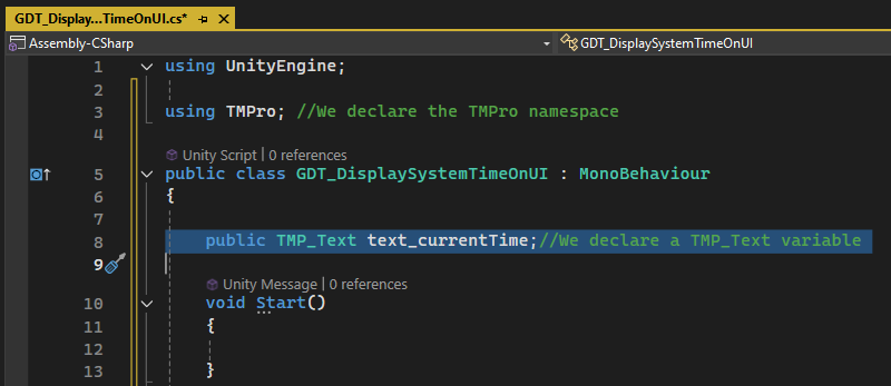 a script in which we define a text variable to display system time in Unity