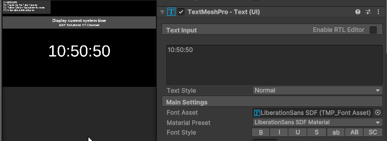 a text mesh pro text in Unity that will be use to display the current system time